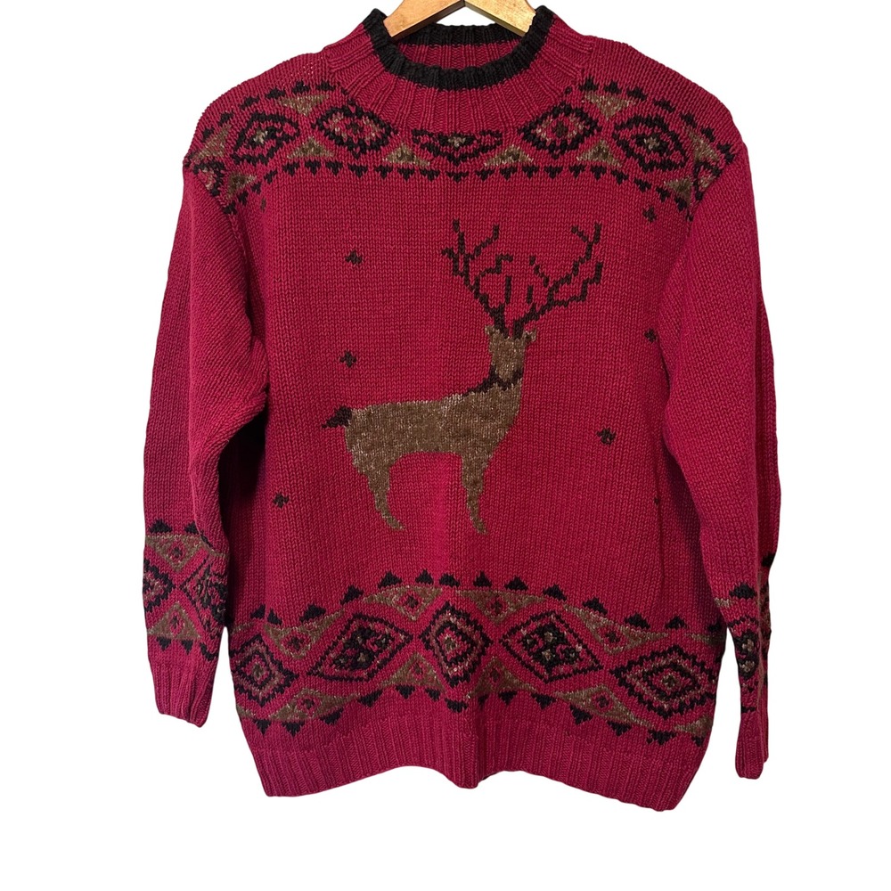 Eddie Bauer Hand Knitted Reindeer Sweater Red Linen Cotton Fair Isle Womens L - Picture 2 of 9